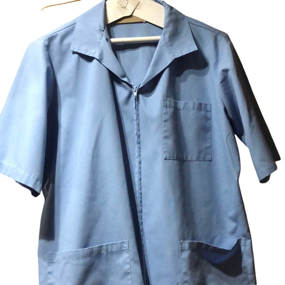 MedLine  Scrub Top‎ Vintage zipper front patch pockets Medical Blue Medium